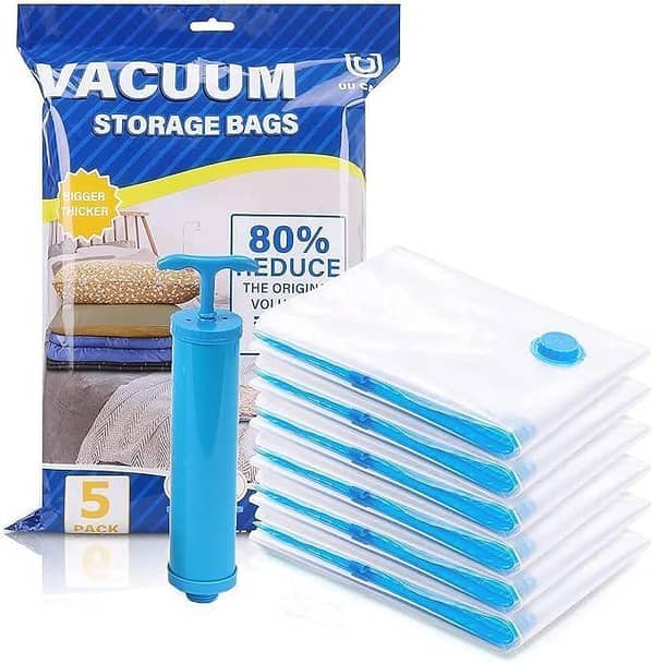 Vacuum Storage Bags for Clothes & Bedding with Pump – 5 Bags + 1 Suction Pump, Reusable and Airtight