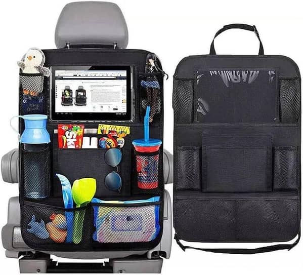 Car Backseat Organizer with Touch Screen Tablet Holder, 9 Pockets, and Kick Mats