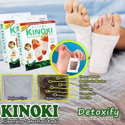 Kinoki Box Packing Kinoki Cleansing Detox Foot Pads are adhesive patches that are applied to the soles of the feet typically overnight Manufacturers claim these pads draw out toxins from the body