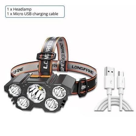 5 LED Rechargeable Headlamp Flashlight - Outdoor Headtorch, Waterproof with 3 Modes (High, Low, SOS) for Camping and More