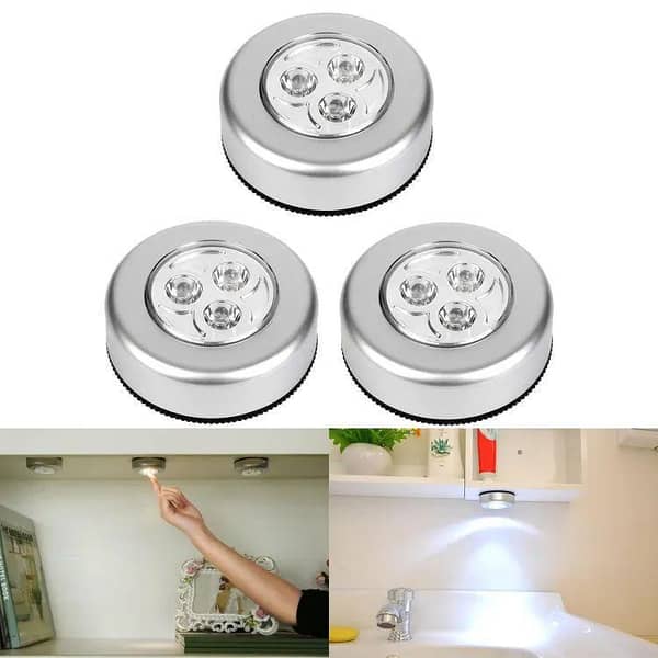 [PACK OF 3] Mini Wireless 3 LED Tap Light - Push Button Stick-On Lamp for Cabinets, Closets, and Walls