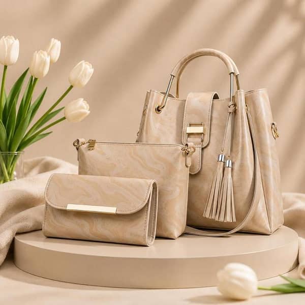 3 Pcs Luxury Women Handbag Set | Premium Leather Tote Bag with Shoulder Bag & Wallet | Stylish Designer Purse Set | All Colours.