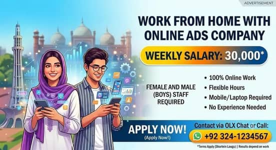 Online Ads Work - Male & Female Staff Needed (Weekly PKR 30k)