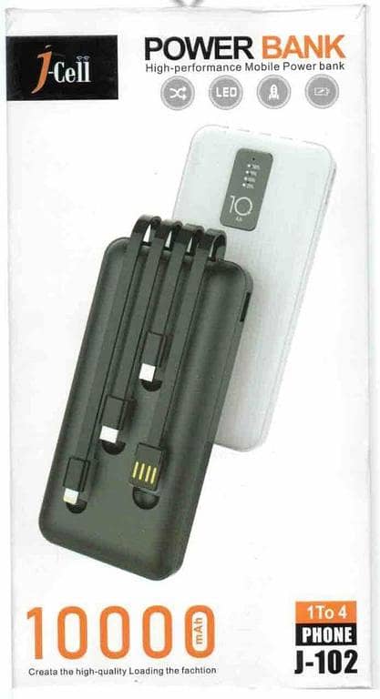 JCell Power Bank 10000 Mah 1 to 4 Phone Charger Charging Cables Included J-102