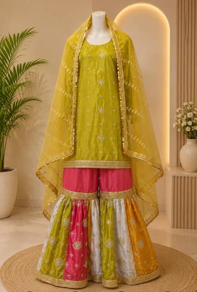 Multi colour three piece gharara set