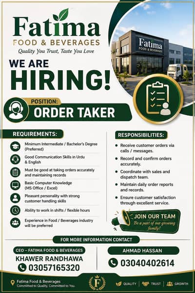 Fatima foods and beverages required for order taker with executive sa