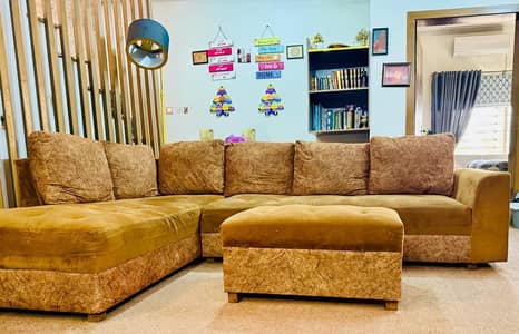 Luxury L-Shape Corner Sofa Set with Ottoman | Premium Fabric |