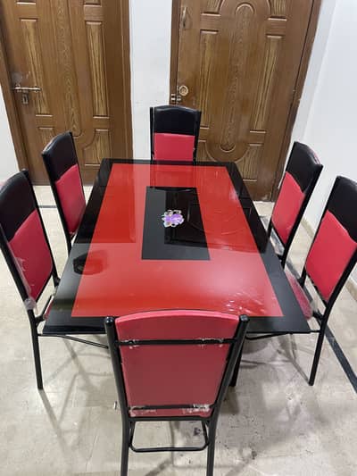 6 Seater Glass Top Dining Table Set - Excellent Condition