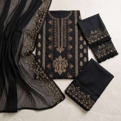 Black Embroidered 3-Piece Women's Lawn Suit with  Bamber Dupatta