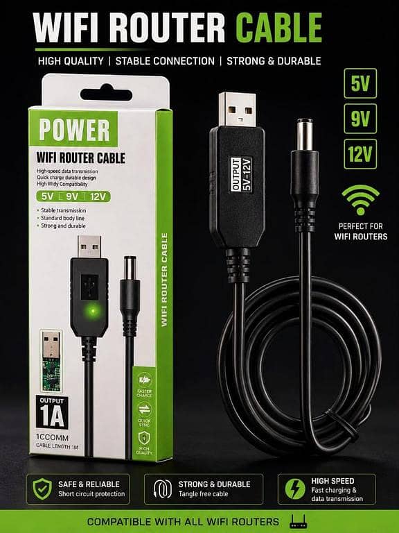WIFI ROUTER CABLE For Power Bank | 5V To 9V/12V DC Step Up USB Converter Cable | High Speed Fast Charging WiFi Router Power Cable for Powerbank, Modem & Mini UPS (1 Meter, Black)