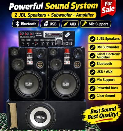 JBL Sound System | 2 JBL Speakers + BM Subwoofer + Bluetooth Amplifier