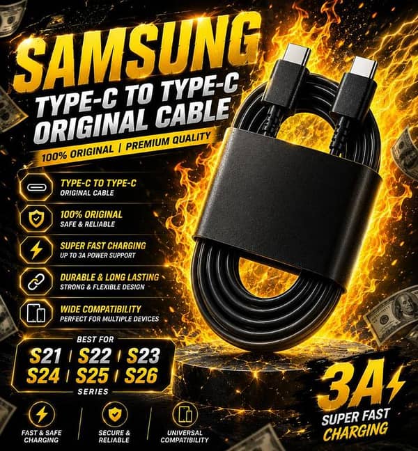 Samsung Original Type C To Type C Cable 3A Super Fast Charging Cable Data Sync Cord Wire [100% Original Premium Quality] Heavy Duty Charging Cable For Samsung Galaxy S21 S22 S23 S24 S25 S26 Ultra Plus Note Series & All Type-C Devices