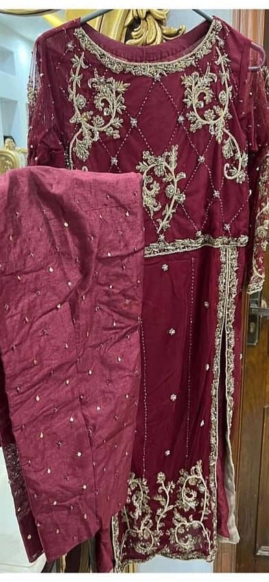 Designer-Style Embroidered Formal Wear (Deep Maroon) – Size Medium