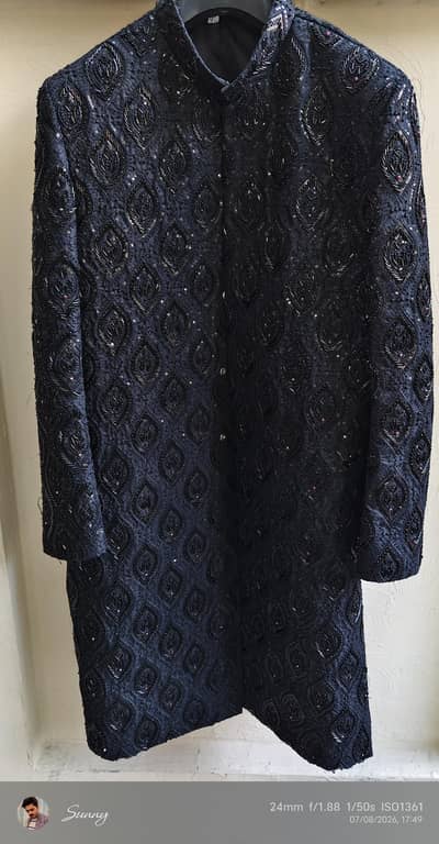 Royal Baraat Black Sherwani with Shoes, Patka & Kulah | Worn Once