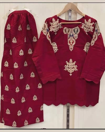Cotton Embroidered Shirt & Flapper Set Maroon 2Pcs