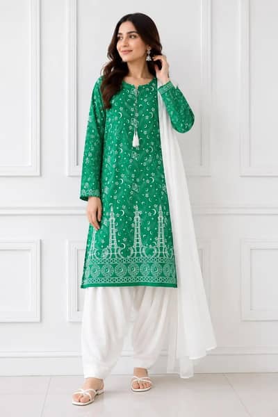 3 Pcs women's stitched Arabic lawn block printed  suit with shalwar