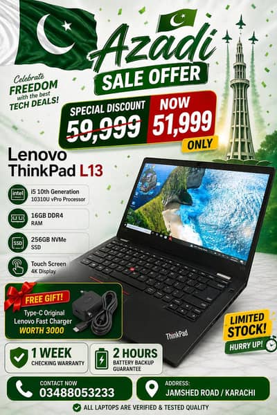 Lenovo Thinkpad L13 Touch 4k Display| i5 10 Generation | 16gb DDR4 RAM