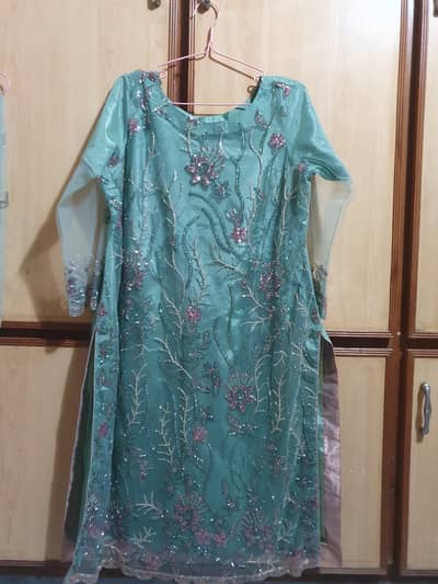 Beautiful Sea Green Beaded Embroidered 3 Piece Dress