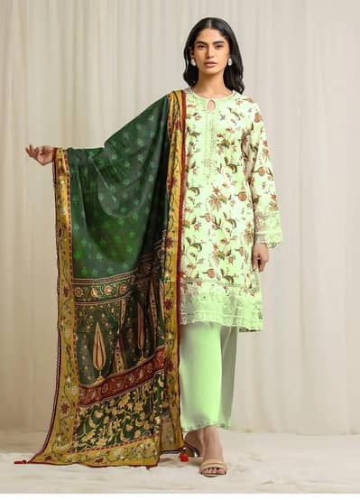 Light Green Floral Embroidered 3 Piece Lawn Suit with Digital Dupatta