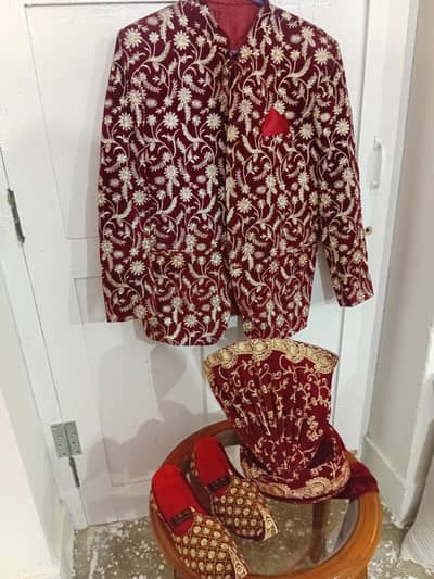 Maroon Velvet Prince Coat Set + Khussa + Kulla