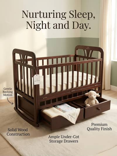Wooden Baby Cot with 2 Storage Drawers, Mattress