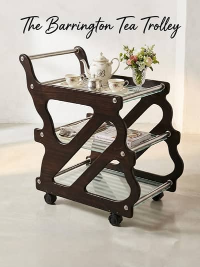 Premium Wooden & Glass Serving Trolley 3 Tier