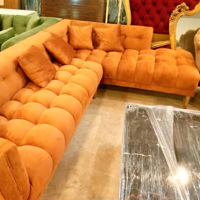 Luxury Orange Velvet L-Shape Sofa Set