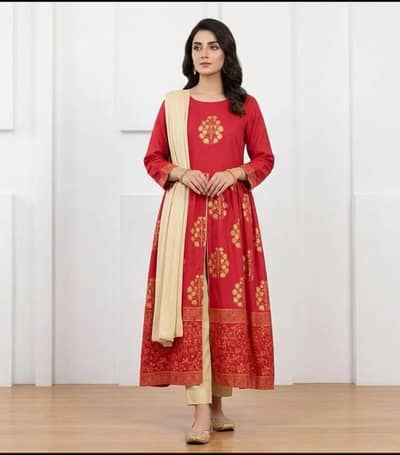 red block printed Arabic lawn maxi set for women