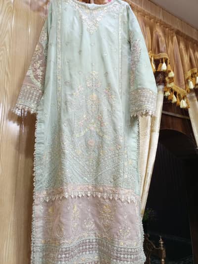 Mint Green & Pink Embroidered Fancy Dress | Party Wear