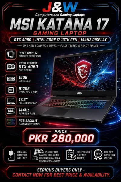 MSI KATANA 17/RTX 4060/CORE I7/144 HZ GAMING/BRAND NEW CONDITION