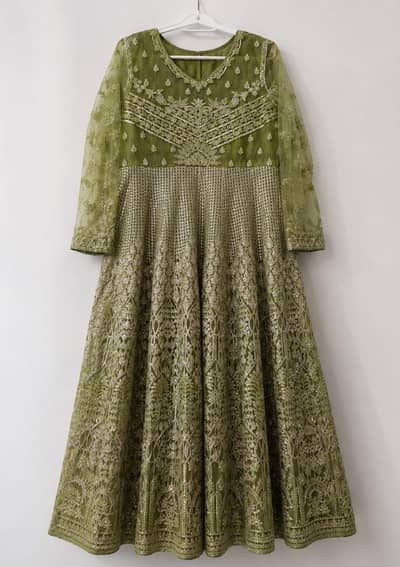 Beautiful Green Embroidered Formal Maxi with dupatta and belt