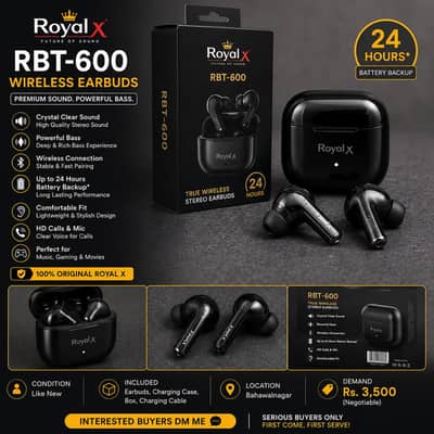 Royal X RBT-600 Wireless Earbuds – Original, Like New, Powerful Bass