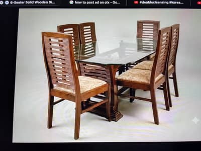 Solid Wooden Dining Table (6 Chairs + Glass Top)