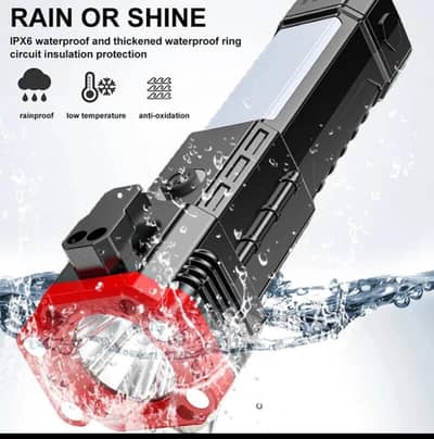 Rechargeable IPX6 LED Torch Light Black Red {delivery available}