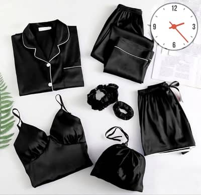 Piping Work On Shirt Trouser Short With Seven Pieces Nightwear Set