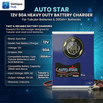 Auto Star 12V 50A | Heavy Duty Charger for Tubular Batteries & 200Ah+