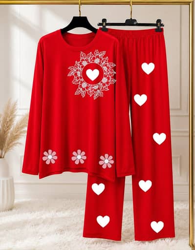 Red heart flowers 2 pices night suit for women  Rs 1899 COD. Faislabad