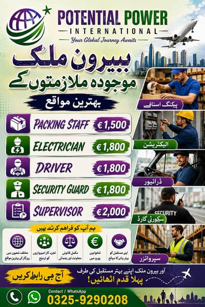 Driver / Electrician /  Security guard /  Packing Staff / Supervisor