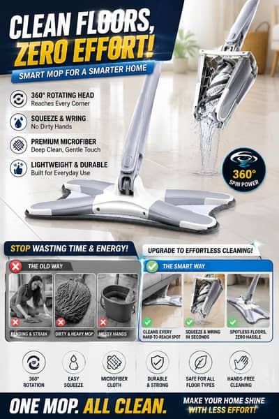 360° Rotating Microfiber Mop – Easy Squeeze & Spin Floor Cleaner