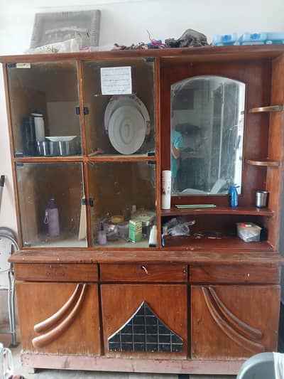 Wooden Crockery Showcase / Cabinet with Glass Doors & Drawers
