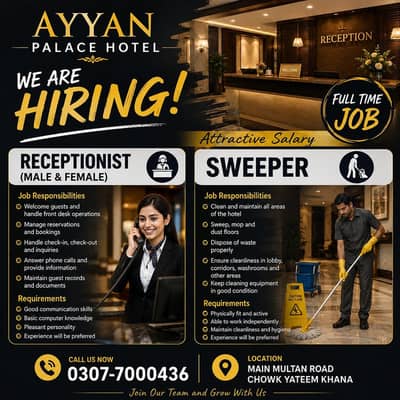 Receptionist (Male & Female) & Sweeper Jobs Available Job