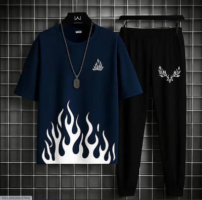 Men Flame Print Track Suit Blue Small to 2X-Large