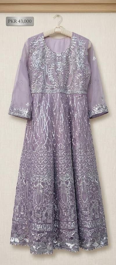 ‎Beautiful Lavender Maxi Dress | Heavy Silver Embroidered Frock |