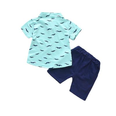 kids moustache Print suit set mint blue shorts