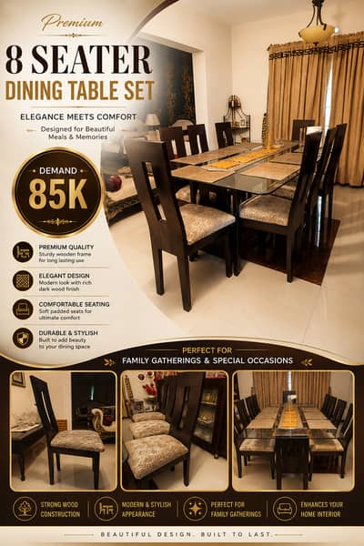 Elegant 8 Seater Dining Table with Glass Top & Cushioned Chairs