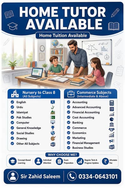 Home Tutor Available | Nursery to Class 8 & Commerce Subjects
