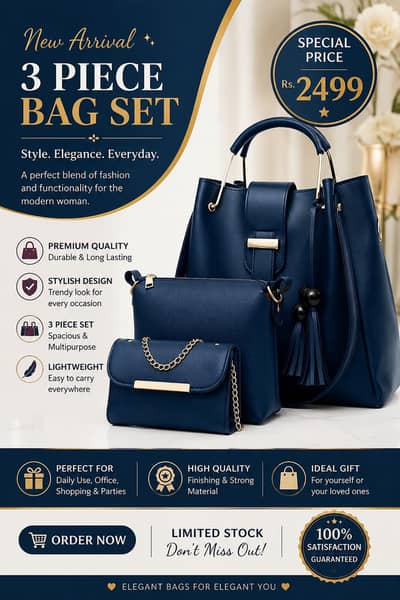 premium leather handbag set blue 3-piece daily use