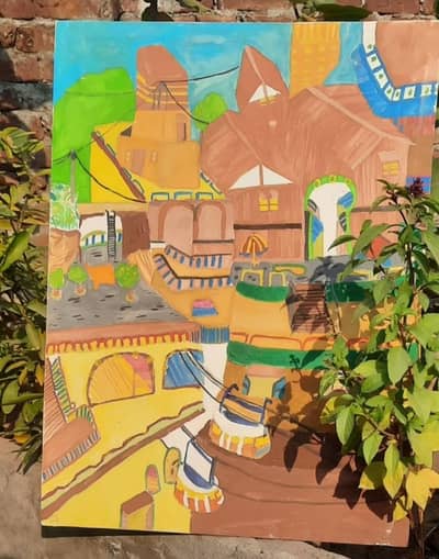 Beautiful Hand-Painted Village Artwork | Colorful Traditional Art | Un