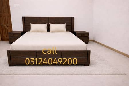 wooden bed with two side tables