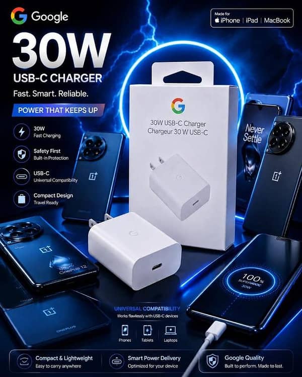 Google 30W USB-C Fast Charger Power Adapter, Ultra Compact Travel Ready Wall Charger with Built-in Safety Protection, Universal Compatibility for iPhone 15/14/13, iPad, MacBook, OnePlus, & Android Phones